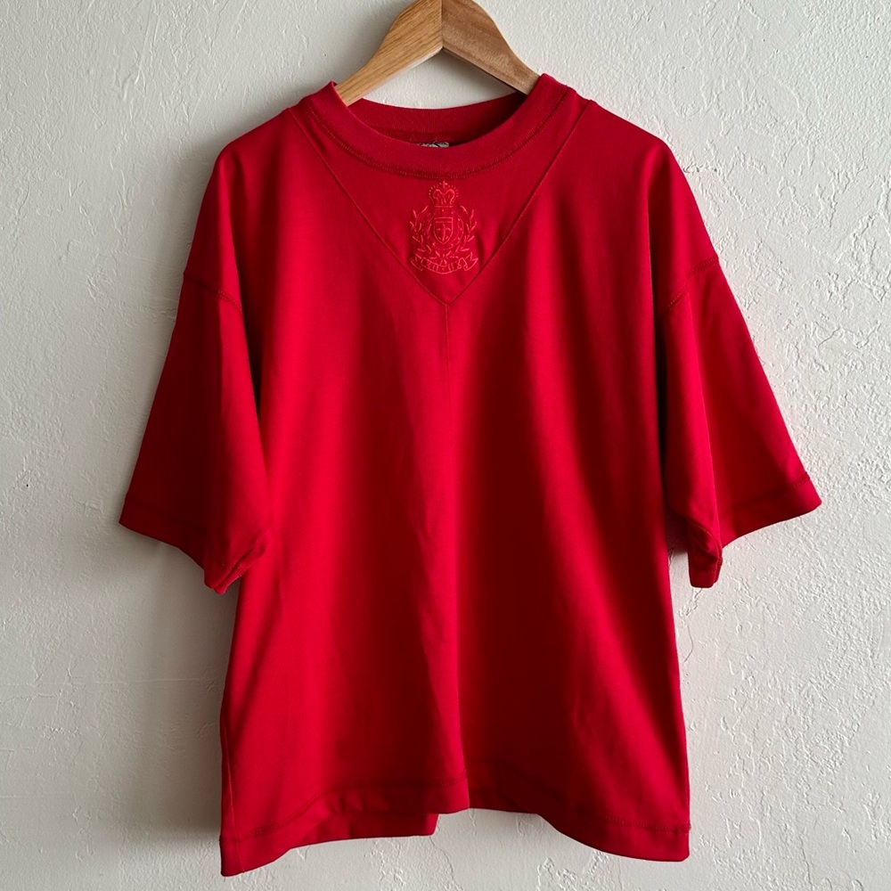 American Impressions Vintage Preppy Red Embroidered Crest Tunic Shirt Old Money